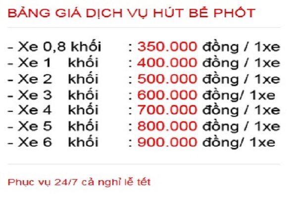 Bảng giá hút bể phốt của Việt Linh